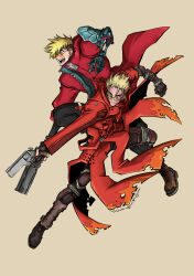  2boys asymmetrical_hair blonde_hair blue_eyes boots brown_footwear brown_pants closed_mouth coat commentary_request dual_persona full_body gun handgun highres holding holding_gun holding_weapon male_focus mechanical_arms multiple_boys nightow_yasuhiro official_art open_mouth orange-tinted_eyewear pants red_coat revolver round_eyewear short_hair sidecut simple_background single_mechanical_arm smile spiked_hair sunglasses tinted_eyewear trigun trigun_stampede undercut vash_the_stampede weapon 