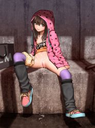  1girl animal_print bag bottomless brown_eyes brown_hair cat_print cleft_of_venus clothes_pull cum cum_on_body cum_on_pussy cum_pool cumdrip flat_chest highres hood hoodie loli long_hair panties panties_around_leg pussy rustle shirt_pull shoes sneakers spread_legs thighhighs third-party_edit uncensored underwear  rating:Explicit score:737 user:huzzaman