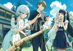  1boy 2girls :o :t architecture black_dress black_hair black_pants black_ribbon black_shirt blue_hair bow bowl bowtie brown_eyes brown_hair bush buttons chopsticks cloud collarbone copyright_notice cowboy_shot day diagonal_bangs double-breasted dress earrings east_asian_architecture eating food grass hair_behind_ear hair_between_eyes hair_bow hair_ornament hairclip hakase_fuyuki holding holding_bowl holding_chopsticks house jewelry kagami_hayato kotatiyu leaning_forward long_hair looking_at_object low-tied_long_hair low-tied_sidelocks low_twintails multicolored_hair multiple_girls nagashi_soumen nijisanji noodles off-shoulder_dress off_shoulder official_art open_mouth outdoors pants pink_hair plant potted_plant puffy_short_sleeves puffy_sleeves red_eyes ribbon sample_watermark shirt short_dress short_hair short_sleeves shoulder_ribbon smc-gumi_(nijisanji) soumen split-color_hair standing streaked_hair t-shirt tree tsuyu_sauce twintails very_long_hair virtual_youtuber watch water_slide watermark white_bow white_bowtie white_hair wristwatch yorumi_rena 