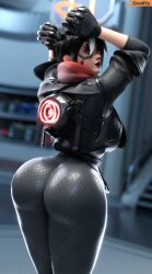  1girl 2024 3d alternate_ass_size arms_behind_head ass ass_focus black_lips blizzard_(company) bodysuit breasts caught colored_tips eyeliner freckles gloves highres huge_ass jacket large_breasts leather leather_jacket looking_at_viewer looking_back makeup multicolored_hair operative_oxton overwatch pinup_(style) red_eyes shiny_clothes skin_tight smittt34 solo thick_thighs thighs tracer_(overwatch) wide_hips 