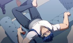  1boy angry barefoot bespectacled biceps black_pants blue_hair can contemporary cu_chulainn_(fate) cu_chulainn_(fate/stay_night) earrings fate/stay_night fate_(series) from_above glasses highres holding holding_can jewelry long_hair looking_at_viewer male_focus muscular muscular_male pants ponytail red_eyes sattari short_sleeves sitting solo spiked_hair type-moon v-neck 