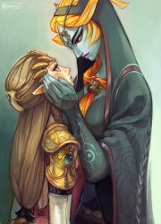 2girls alderion-al blue_skin brown_hair colored_skin eye_contact front_ponytail height_difference highres jewelry long_hair looking_at_another makeup midna midna_(true) multiple_girls nintendo orange_hair pointy_ears princess_zelda red_eyes size_difference spoilers the_legend_of_zelda the_legend_of_zelda:_twilight_princess yuri rating:Sensitive score:75 user:danbooru