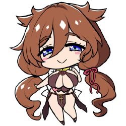 1girl arm_at_side arm_up back_bow bad_id bad_source blue_eyes blush bow breasts brown_hair chibi chibi_only cleavage closed_mouth deformed derauea heart heart_in_eye huge_breasts loincloth long_hair looking_at_viewer low-tied_sidelocks milk_factory motto!_haramase!_honoo_no_oppai_isekai_oppai_maid_gakuen! official_art saizel_haurisia smile solo symbol_in_eye transparent_background very_long_hair 
