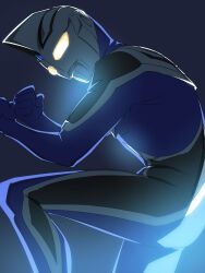  1boy alien armor baasaku_(balasaku24) black_skin blue_gemstone blue_skin breastplate clenched_hands colored_skin commentary compound_eyes crossed_wrists dark_background dorsal_fin english_commentary feet_out_of_frame forehead_jewel gem glowing glowing_eyes gradient_eyes highres kneeling looking_at_viewer male_focus multicolored_eyes multicolored_skin on_one_knee shoulder_armor silver_skin solo tokusatsu toned toned_male ultra_series ultraman_agul ultraman_gaia_(series) underlighting white_eyes wrinkled_skin yellow_eyes 