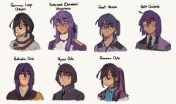  6+boys aku_no_musume_(series) ascot bags_under_eyes black_eyes black_hair black_kimono black_necktie blue_shirt blush_stickers burn_scar chaban_capriccio_(vocaloid) collared_jacket collared_shirt enbizaka_no_shitateya_(vocaloid) epaulettes evillious_nendaiki frilled_ascot frills gakusha_(evillious_nendaiki) gammon_octo gast_venom gatt_coulomb gem grey_jacket grey_kimono grin hair_down hair_over_one_eye hair_ribbon high_collar highres jacket japanese_clothes kamui_gakupo kimono long_hair long_sidelocks look-alike looking_at_viewer manque medium_hair monk multiple_boys necktie nyoze_octo purple_eyes purple_gemstone purple_hair purple_jacket purple_kimono purple_ribbon reincarnation ribbon saigo_no_revolver_(vocaloid) scar scar_on_face shirt shirt_under_kimono sidelocks smile straitjacket venomania_kou_no_kyouki_(vocaloid) very_long_hair vocaloid white_kimono white_shirt 