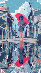  1boy 2girls absurdres bag black_skirt blue_eyes bookbag building bush cloud day different_reflection fence fish highres holding holding_umbrella huge_filesize ichigoame kaijuu_no_kodomo loose_socks multiple_girls outdoors partially_underwater_shot power_lines red_umbrella reflection scenery school_of_fish school_uniform shirt shoes shorts skirt sneakers socks umbrella underwater water water_drop white_shirt 