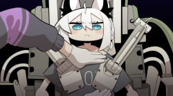  :&lt; absurdres ahoge animal_ears black_shirt blue_eyes blush captain_america:_the_first_avenger captain_america_(series) clothes_writing cocomayo29_(tomato) commentary_request fang fox_ears fox_girl gloves hair_between_eyes highres hololive korean_commentary long_hair looking_at_viewer machine marvel marvel_cinematic_universe nekomata_okayu nekomata_okayu_(1st_costume) out_of_frame parody scene_reference shirakami_fubuki shirt virtual_youtuber white_gloves white_hair 