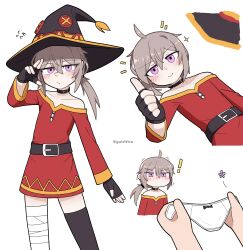 ! 1girl 1other absurdres asymmetrical_legwear bandaged_leg bandages bare_shoulders belt black_belt black_gloves bow bow_panties brown_hair clothes_theft cosplay dress embarrassed fingerless_gloves frown girls&#039;_frontline gloves guiritiru hair_between_eyes hand_up hat highres kono_subarashii_sekai_ni_shukufuku_wo! long_hair looking_at_viewer m200_(girls&#039;_frontline) megumin megumin_(cosplay) multiple_views off-shoulder_dress off_shoulder panties ponytail purple_eyes red_dress single_thighhigh surprised theft thighhighs three-finger_salute thumbs_up underwear underwear_theft white_panties witch witch_hat 