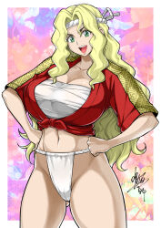  1girl blonde_hair breasts cameltoe chest_sarashi cleavage collarbone commentary commission cowboy_shot curtained_hair fundoshi gluteal_fold green_eyes groin hands_on_own_hips japanese_clothes long_hair looking_at_viewer narumiamiya navel open_mouth parted_bangs rachel_stanley sarashi shijou_saikyou_no_deshi_ken&#039;ichi signature skeb_commission smile solo teeth thighs toned upper_teeth_only very_long_hair wavy_hair 