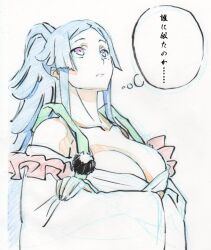  1girl breasts cleavage colored_pencil_(medium) commentary_request crossed_arms frown japanese_clothes large_breasts looking_at_viewer mole mole_under_eye nishikawa_takashi ponytail profile shaga_(shikkoku_no_shaga) shikkoku_no_shaga solo speech_bubble thought_bubble traditional_media translation_request upper_body 