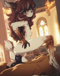  1boy 1girl aldea_(butterchalk) animal_ears animal_nose artist_name ass blue_eyes blurry blurry_background brown_hair butterchalk deer_girl flat_chest furry furry_female furry_male furry_with_furry girl_on_top heart heart-shaped_pupils hetero highres indoors large_testicles loli long_hair nipples original penis pussy sex snout squatting_cowgirl_position symbol-shaped_pupils tail testicles uncensored vaginal  rating:Explicit score:710 user:danbooru