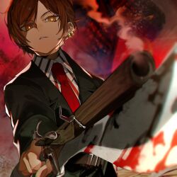  1girl blood bloody_weapon brown_hair coat dark-skinned_female dark_skin earrings green_coat gun hamelon310 highres holding holding_weapon jewelry limbus_company long_sleeves looking_at_viewer necktie orange_eyes outis_(project_moon) project_moon red_background red_necktie shirt short_hair solo striped_clothes striped_shirt to_pathos_mathos_(e.g.o) upper_body weapon white_shirt 