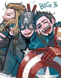  3boys animification armor avengers:_endgame avengers_(series) beard black_armor black_hair blonde_hair blue_bodysuit bodysuit braid captain_america closed_eyes cowherd365 english_text facial_hair fingernails full_armor hand_on_another&#039;s_shoulder hand_up helmet holding holding_shield iron_man male_focus marvel marvel_cinematic_universe multicolored_armor multiple_boys notice_lines open_mouth power_armor red_armor shield short_hair simple_background smile star_(symbol) steve_rogers superhero_costume teeth thor_(marvel) tony_stark upper_body v white_background yellow_armor 