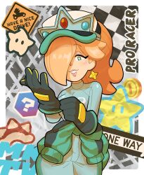  1girl absurdres adjusting_clothes adjusting_gloves blonde_hair blue_eyes clothes_around_waist earrings eversmithi gloves hair_over_one_eye hat highres jacket jacket_around_waist jewelry mario_(series) mario_kart mario_kart_world nintendo ponytail racing_suit rosalina rosalina_(pro_racer) shirt smile solo star_(symbol) star_earrings tight_clothes tight_shirt 