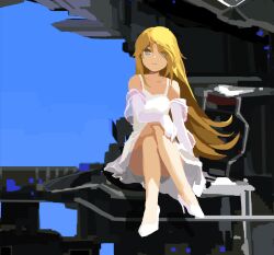  1girl blonde_hair blue_eyes blue_sky breasts commentary_request day dress elbow_gloves eyes_visible_through_hair gloves high_heels highres kaigen_1025 long_hair looking_at_viewer marie_(seihou) outdoors seihou sitting sky sleeveless sleeveless_dress small_breasts solo white_dress white_gloves 