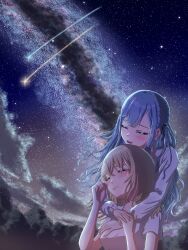  2girls absurdres bang_dream! bang_dream!_it&#039;s_mygo!!!!! black_ribbon blonde_hair blush closed_eyes commentary_request crying hair_ribbon highres hug hug_from_behind long_sleeves misumi_uika multiple_girls night open_mouth outdoors r@men revision ribbon shirt shooting_star short_sleeves sky star_(sky) starry_sky tears teeth togawa_sakiko upper_teeth_only white_shirt wiping_tears yuri 