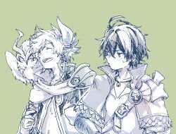  2boys :d ahoge aldo_(another_eden) animal animal_on_shoulder another_eden armor asymmetrical_horns bell bird bird_on_shoulder blush capelet closed_eyes collarbone collared_capelet commentary_request demon_boy demon_horns double-parted_bangs dunarith_(another_eden) earrings green_background greyscale_with_colored_background hair_between_eyes hand_on_own_hip hatching_(texture) horns jewelry jingle_bell laughing linear_hatching long_pointy_ears long_sleeves looking_at_another looking_to_the_side male_focus michibata_65 mole mole_under_eye multiple_boys necklace open_mouth owl parted_bangs pauldrons pendant pointy_ears popped_collar shirt short_hair shoulder_armor shoulder_belt side-by-side sideways_glance simple_background single_pauldron smile sweatdrop uneven_horns upper_body v-neck 