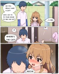  1boy 1girl aisaka_taiga blue_hair blush brown_eyes brown_hair collared_shirt english_text fang highres indoors meme no_eyes shirt speech_bubble sweat takasu_ryuuji toradora! where&#039;s_the_cat?_(meme)  rating:Questionable score:54 user:ToukaxKaneki