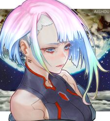  1girl absurdres ai_shou artist_name bare_shoulders blue_eyes commentary crying crying_with_eyes_open cyberpunk_(series) cyberpunk_edgerunners english_commentary highres letterboxed lucy_(cyberpunk) makeup multicolored_hair off_shoulder short_hair sleeveless solo tears 
