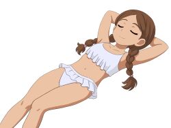  1girl bikini braid brown_hair closed_eyes frilled_bikini frills highres kingo long_hair original smile solo stomach swimsuit transparent_background twin_braids twintails white_bikini 