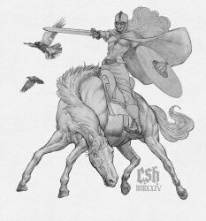  1girl absurdres animal armor artist_name bird cape christian_sloan_hall crow flying helmet highres holding holding_sword holding_weapon horse horseback_riding long_hair norse_mythology riding roman_numeral saddle shield solo sword weapon 