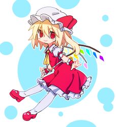 1girl 9302w_(user_wjpg8475) :o ascot blonde_hair blush bow chibi chibi_only closed_mouth collared_shirt crystal_wings flandre_scarlet frilled_skirt frills full_body hat highres mob_cap multicolored_wings no_nose outstretched_arms red_eyes red_shoes red_skirt red_vest shirt shoes short_hair short_sleeves side_ponytail skirt skirt_set smile solo thighhighs touhou vest white_hat white_shirt white_thighhighs wings yellow_ascot 