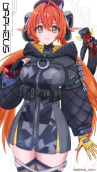  1girl arm_at_side artist_name asymmetrical_gloves bandaged_hand bandages belt belt_pouch black_bandages breasts character_name closed_mouth cowboy_shot curled_horns cyborg full-length_zipper gloves gogono_kirin green_eyes hair_between_eyes hand_up hat high_belt highres hood hood_down hooded_jacket horns jacket large_breasts legs_together long_sleeves looking_at_viewer magus_(zenless_zone_zero) mechanical_tail mismatched_gloves multicolored_eyes orange_eyes orange_hair orpheus_(zenless_zone_zero) pointy_ears pouch puffy_long_sleeves puffy_sleeves red_pupils single_glove single_hair_intake smile tail thighhighs twintails two-tone_eyes underbust utility_belt yellow_gloves zenless_zone_zero zettai_ryouiki zipper 