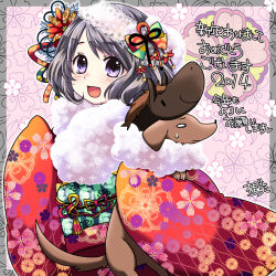  1girl 2014 animal chinese_zodiac commentary_request dog fur_collar grey_hair hair_ornament hairband holding holding_animal horse japanese_clothes kanzashi kimono lolita_hairband long_sleeves new_year open_mouth original purple_eyes rinko_yuzuki short_hair smile translation_request wide_sleeves year_of_the_horse 