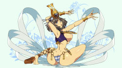  1girl ancient_princess_menace arms_up ass backboob bandages black_hair blue_eyes breasts breasts_out brown_hair crown dancing father_dimitry female_focus from_behind high_heels hip_focus jewelry large_breasts looking_back menace_(queen&#039;s_blade) nipples no_bra no_pants open_mouth panties queen&#039;s_blade short_hair sideboob sitting solo striped_clothes striped_panties thighs thong underwear wide_hips wrist_cuffs 