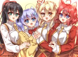 4girls :d ahoge amagiri_yune amairo_islenauts animal_ears backlighting between_breasts black_hair blue_eyes blunt_bangs bow bowtie braid breasts brown_corset butterfly_hair_ornament cardigan collared_shirt commentary_request corset cowboy_shot crown_braid eyes_visible_through_hair fang flower fuyukichi_(nikoniko1567) green_eyes hair_between_eyes hair_flower hair_ornament hair_ribbon hand_up happy highres holding_hands jacket large_breasts long_hair looking_at_viewer masaki_gaillard medium_hair multiple_girls necktie necktie_between_breasts one_side_up open_cardigan open_clothes open_jacket open_mouth ponytail red_bow red_bowtie red_hair red_jacket red_ribbon ribbon school_uniform shiraga_airi shirley_warwick shirt side-by-side simple_background sleeves_past_wrists smile steepled_fingers straight_hair tail tail_raised twintails twitter_username very_long_hair white_flower white_shirt wolf_ears wolf_girl wolf_tail x_hair_ornament yellow_background yellow_cardigan yellow_eyes yellow_necktie 