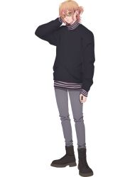  1boy anime_coloring arm_behind_head black_shirt boots border brown_boots brown_hair closed_mouth crossed_bangs full_body glasses grey_pants hair_between_eyes iryu_shin long_sleeves looking_at_viewer official_art pants piercing ponytail shirt short_ponytail sidelocks simple_background sobaco_(sobacocco) solo standing transparent_background turtleneck turtleneck_shirt yubisaki_to_renren 