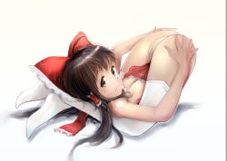  09_(qw20009) 1girl ass black_hair bow breasts brown_eyes brown_hair cleavage female_focus flexible frills full_body hair_bow hair_tubes hakurei_reimu hands_on_own_ass legs_behind_head legs_up loli long_hair looking_at_viewer lying on_back panties red_bow simple_background small_breasts socks solo thighhighs touhou underwear white_background white_panties white_socks white_thighhighs 