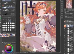  1girl art_program_in_frame artist_name bright_pupils checkered_hairband clip_studio_paint clip_studio_paint_(medium) closed_mouth collared_dress dress feet_out_of_frame glass_pen gloves green_eyes grey_sleeves hairband hands_up high_collar holding holding_pen knees_up long_hair looking_to_the_side orange_hair pants pants_under_dress pen reverse:1999 screencap short_dress solo sonetto_(reverse:1999) two_side_up white_dress white_gloves white_pants white_pupils wsfish8 