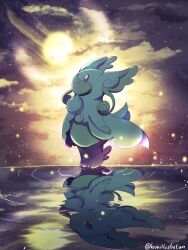  audino bo_(bouillustration) closed_mouth cloud cloudy_sky full_body gen_5_pokemon highres mega_audino mega_pokemon nintendo pink_eyes pokemon pokemon_(creature) pokemon_focus reflection reflective_water ripples sky smile solo twitter_username water 