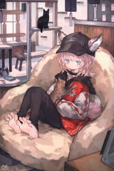  1girl absurdres animal animal_ears arknights barefoot baseball_cap black_choker black_hat black_pants blue_eyes cat choker closed_mouth commentary ears_through_headwear feet fox_ears fox_girl fox_tail full_body hat highres indoors jacket knees_up long_sleeves official_alternate_costume pants peaked_cap pink_hair short_hair sitting soles solo sussurro_(arknights) sussurro_(travel_freely)_(arknights) symbol-only_commentary tail toes tsukibara 