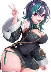  1girl :d absurdres aqua_hair black_dress black_hair breasts china_dress chinese_clothes cleavage commentary_request curvy detached_sleeves dress earrings hair_between_eyes highres hololive jewelry kouyuki_umika large_breasts looking_at_viewer multicolored_hair open_mouth red_eyes rindo_chihaya sidelocks simple_background smile standing streaked_hair thighhighs v virtual_youtuber white_background white_hair white_thighhighs wide_hips wide_sleeves 