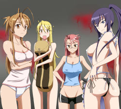 4girls antenna_hair apron ass blonde_hair breasts brown_eyes brown_hair busujima_saeko clothes covered_erect_nipples groin highschool_of_the_dead large_breasts long_hair looking_back marikawa_shizuka miyamoto_rei multiple_girls no_pants panties pink_hair purple_hair side-tie_panties sideboob smile takagi_saya tank_top teacher thong twintails underwear yoshida_keiji rating:Questionable score:212 user:danbooru