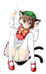  1girl absurdres animal_ears brown_eyes brown_hair cat_ears cat_girl cat_tail chen cigarette diaper diaper_under_clothes female_focus full_body hat highres incredibly_absurdres multiple_tails pee peeing peeing_diaper peeing_self shoes smoking solo tail thighhighs touhou transparent_background wet_diaper  rating:Questionable score:15 user:Dalamar