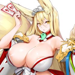  1girl animal_ear_fluff animal_ears areola_slip arm_up armpits bare_shoulders blonde_hair breasts cleavage covered_erect_nipples crossed_bangs detached_collar detached_sleeves eyelashes female_focus fox_ears fox_girl fox_tail game_cg hair_between_eyes headdress high_collar hirume_of_heavenly_incense holding holding_ofuda huge_breasts japanese_clothes kitsune kyuubi large_tail last_origin long_hair looking_at_viewer magatama maid_headdress miko multiple_tails official_art ofuda parted_lips revealing_clothes skindentation slit_pupils snowball22 tail transparent_background upper_body wide_sleeves yellow_eyes 