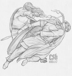  2boys absurdres beard belt boots braid cape christian_sloan_hall facial_hair falling fighting graphite_(medium) highres long_hair long_sleeves monochrome multiple_boys muscular muscular_male original punching scabbard sheath shirt sword traditional_media twin_braids viking weapon 