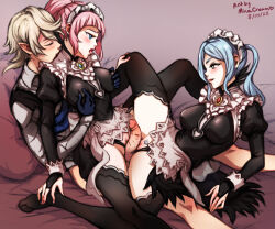  1boy 2girls absurdres apron armor bed bed_sheet biting black_panties black_thighhighs blonde_hair blue_eyes blue_hair blunt_bangs blush brooch clitoral_hood closed_eyes clothed_sex clothes_lift clothing_aside collar cooperative_grinding male_corrin_(fire_emblem) crossed_legs dress erection feet felicia_(fire_emblem) ffm_threesome fingernails fire_emblem fire_emblem_fates flora_(fire_emblem) frilled_collar frilled_dress frilled_shirt_collar frilled_skirt frills gloves grabbing_another&#039;s_breast grabbing_from_behind grey_eyes grinding groping group_sex hand_on_another&#039;s_foot hetero highres jewelry lace lace-trimmed_legwear lace_trim large_penis legs legs_apart lips lipstick long_hair looking_at_another maid maid_apron maid_headdress makeup medium_hair mina_cream multiple_girls neck_biting nintendo nipple_stimulation nipple_tweak nipples no_pants no_shoes open_mouth panties panties_aside parted_bangs parted_lips penis pillow pink_hair pointy_ears ponytail pubic_hair puffy_sleeves pussy siblings sitting sitting_on_person skirt skirt_lift smile spread_legs swept_bangs teamwork_(sexual) thighhighs thighs thong threesome toes tongue tongue_out twins twintails underwear wrist_cuffs  rating:Explicit score:24 user:Def_Liepard