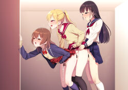  3boys anal anonymous_crossdresser bar_censor black_eyes black_hair blazer blonde_hair blue_jacket bow bowtie boy_sandwich brown_eyes brown_hair censored clothed_sex clothes_lift commission crossdressing erection group_sex hokuro_ryuuseigun jacket long_hair long_sleeves love_train lucky_pierre male_focus male_penetrated miniskirt mmm_threesome multiple_boys neckerchief original penis pixiv_commission pleated_skirt ponytail red_bow red_bowtie red_eyes red_neckerchief sandwiched school_uniform serafuku sex shirt skirt skirt_lift threesome trap trap_on_trap white_shirt yaoi yellow_shirt 