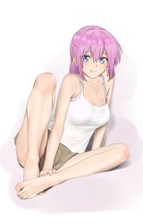 1girl absurdres arm_support bare_legs barefoot blue_eyes bra breasts cleavage closed_mouth collarbone commentary_request eyelashes feet feet_together full_body hair_between_eyes hand_on_own_foot highres kawaii_dake_ja_nai_shikimori-san knee_up knees_apart_feet_together large_breasts legs long_hair looking_at_viewer nail_polish pink_background pink_bra pink_hair pink_nails shikimori_miyako shirow_(mha03133) short_shorts shorts sidelocks smile solo tank_top thighs toenail_polish toenails toes underwear white_background rating:Sensitive score:116 user:danbooru