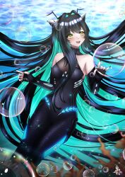  1girl aqua_hair bare_shoulders black_bodysuit black_hair blue_hair bodysuit breasts bubble cleavage colored_inner_hair gloves goddess_of_victory:_nikke hair_intakes highres large_breasts little_mermaid_(nikke) long_hair multicolored_hair see-through_cleavage see-through_clothes smile solo twintails underwater user_nthz3537 very_long_hair yellow_eyes 