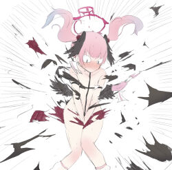  &lt;|&gt;_&lt;|&gt; 1girl black_wings blue_archive blush collarbone commentary_request covering_crotch covering_privates embarrassed emphasis_lines exploding_clothes feathered_wings feet_out_of_frame flat_chest floating_hair hair_between_eyes halo head_wings highres knees_together_feet_apart koharu_(blue_archive) long_hair looking_down low_wings no_headwear nose_blush nude partial_commentary pink_hair red_halo shitsugaikotsu simple_background sketch solo standing torn_clothes v_arms white_background wings 