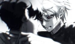  2boys alien_stage artist_name commentary crying crying_with_eyes_open english_commentary greyscale highres ivan_(alien_stage) looking_at_another male_focus monochrome multiple_boys red_pupils scar scar_on_neck shirt short_hair spot_color tears till_(alien_stage) watermark willow_x0 