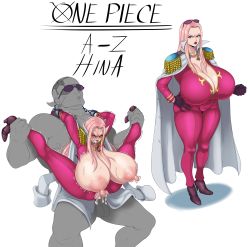 1boy 1girl absurdres arms_up ass breasts breasts_out clothed_sex clothes colored_skin cuffs cum cum_in_pussy ejaculation grey_skin handcuffs hetero highres hina_(one_piece) huge_ass large_breasts leg_grab legs_up long_hair looking_at_viewer muscular muscular_male nipples one_piece pink_hair pirate restrained sex simple_background spread_legs sunglasses sunnysundown white_background rating:Explicit score:150 user:xAkira