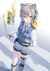 1girl absurdres animal animal_ears animal_on_shoulder belt belt_buckle bird bird_on_shoulder black_belt buckle commentary fake_animal_ears fingerless_gloves flag gloves green_eyes grey_gloves grey_hair grey_shorts highres hinomori_shiho holding holding_flag long_sleeves project_sekai shirt short_hair shorts sidelocks solo standing timmoo white_shirt 