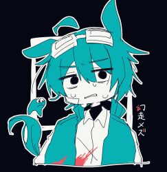  1boy ahoge animal_ears aqua_hair black_background black_eyes blood blood_on_clothes clenched_teeth creature_and_personification cyan_(horse_race_tests) detached_ahoge goggles goggles_on_head hair_between_eyes highres horse_boy horse_ears horse_race_tests horse_tail limited_palette looking_at_viewer male_focus personification short_hair song_name sweat tail teaparty139 teeth white_background 