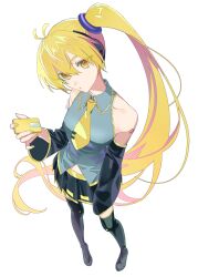  1girl absurdres akita_neru antenna_hair arm_at_side bare_shoulders black_boots black_skirt black_sleeves blonde_hair boots breasts cellphone collarbone collared_shirt detached_sleeves double-parted_bangs eyes_visible_through_hair flip_phone frilled_shirt frilled_shirt_collar frills from_above full_body hair_between_eyes hair_ornament hand_up head_tilt headphones high_side_ponytail highres holding holding_phone legs_apart long_hair long_sleeves miniskirt nail_polish necktie parted_lips perspective phone pigeon-toed pleated_skirt sa_tsuko shirt shoulder_tattoo side_ponytail simple_background skirt sleeveless sleeveless_shirt small_breasts solo standing tattoo thigh_boots thighhighs tie_clip very_long_hair vocaloid wavy_hair white_background yellow_eyes yellow_nails yellow_necktie yellow_trim zettai_ryouiki 